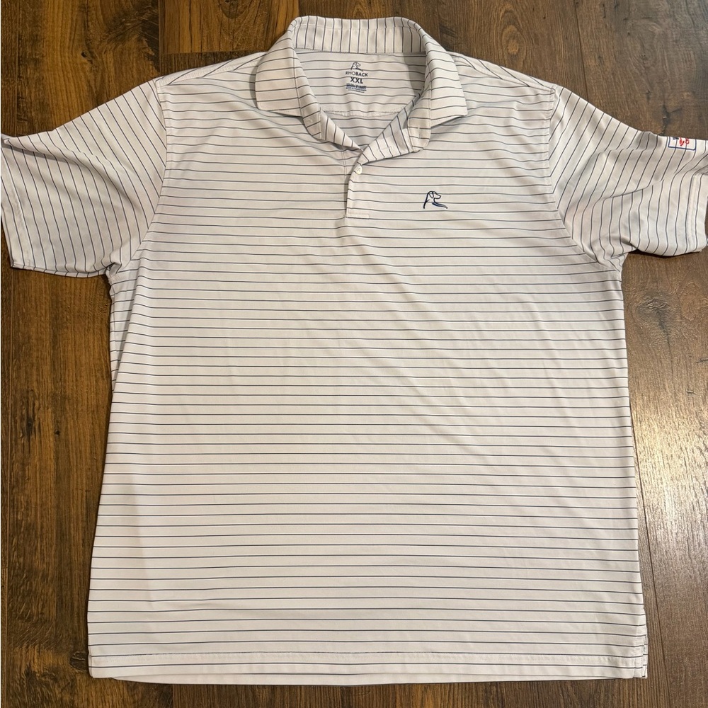 Rhoback The Captain Stripe Performance Polo Sz XXL Navy & White, UPF+ w/ Patch
